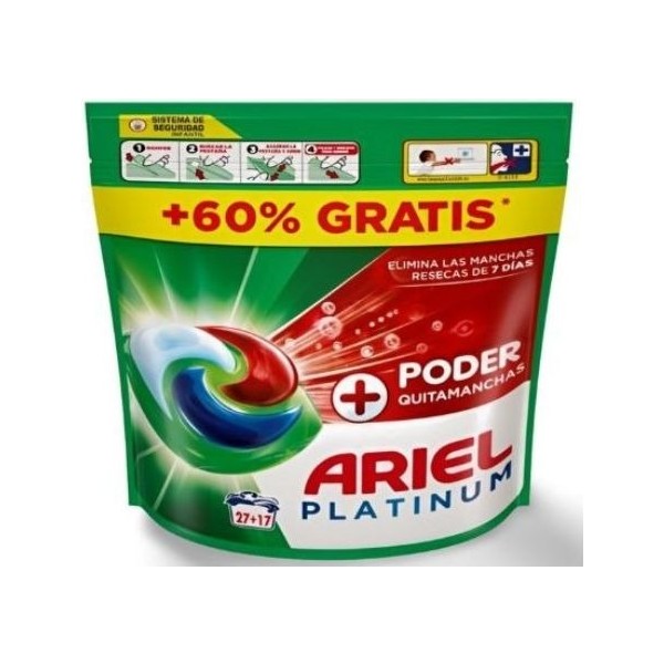 Detergente lavadora - Pod Ariel Platinum Quitamanchas – Pack 44 cápsulas (27+17 gratis)